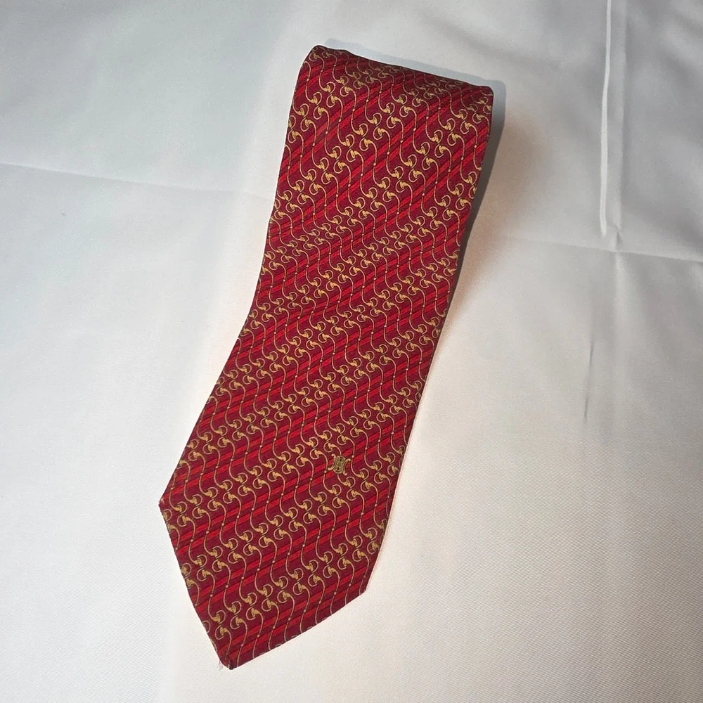 Celine Paris Silk Tie Burgundy Red Gold Horsebit Chain Link Macadam‎ Made Spain